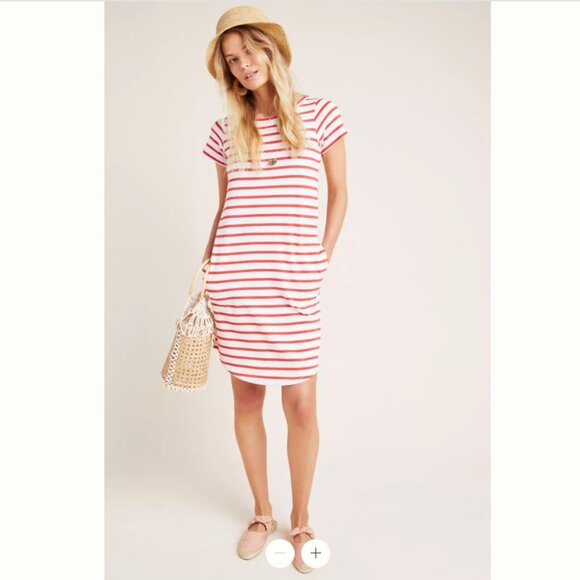 XS Maeve Rochelle Striped Tee Dress red white back cut-out pockets! - Picture 1 of 5